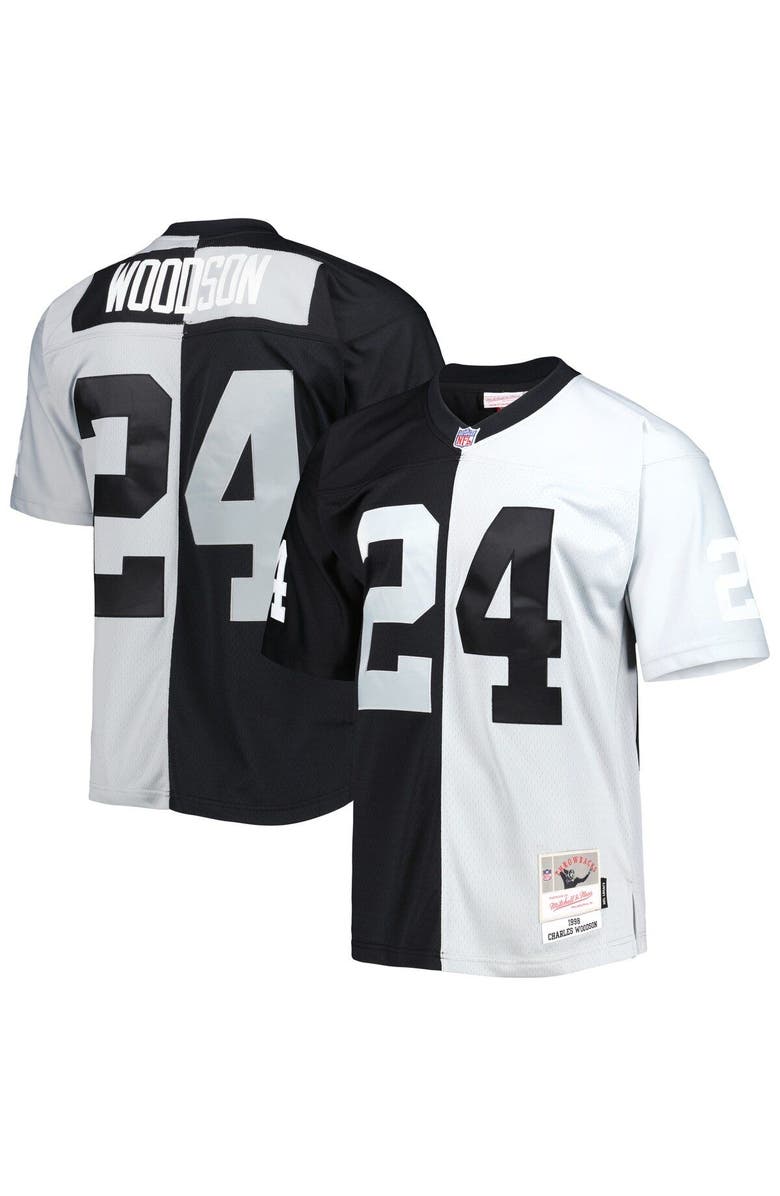 Mitchell & Ness Men's Mitchell & Ness Charles Woodson Black/Silver Las Vegas Raiders 1998 Split Legacy Replica Jersey, Main, color, Black