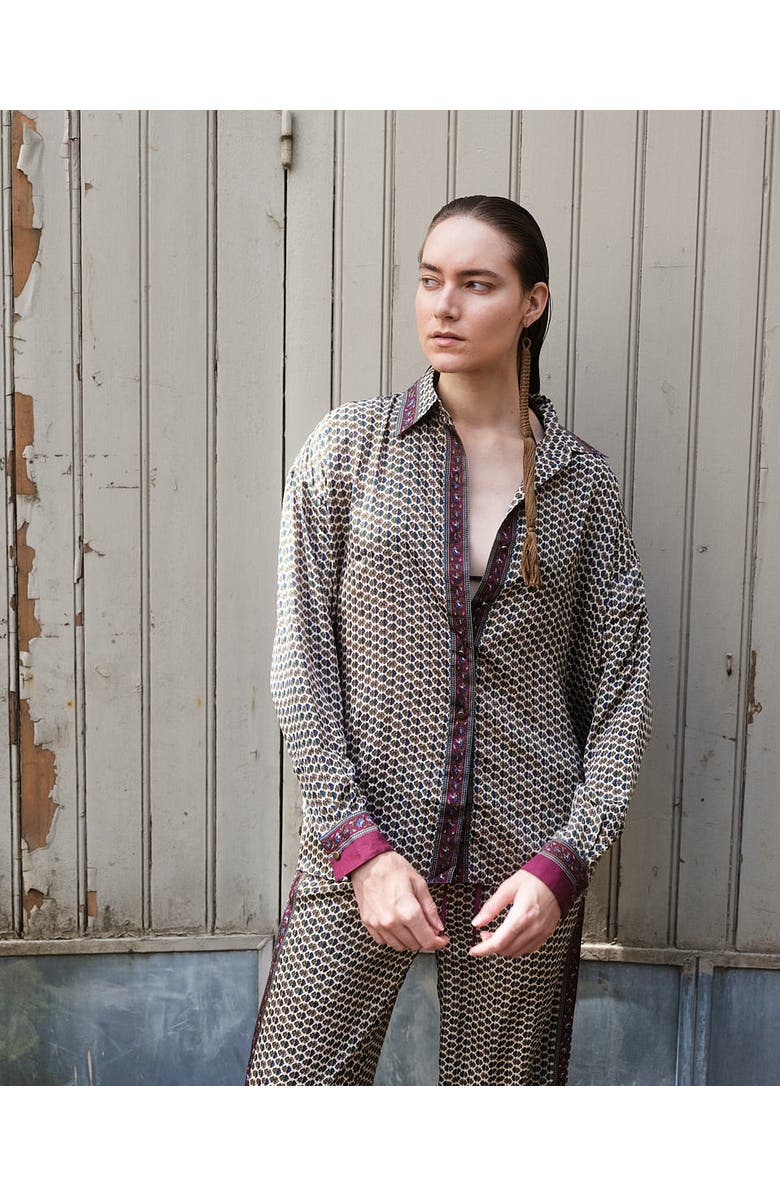 Monzlapur Embossed Botanical Long Sleeve Crepe Shirt, Alternate, color, Forest Plum