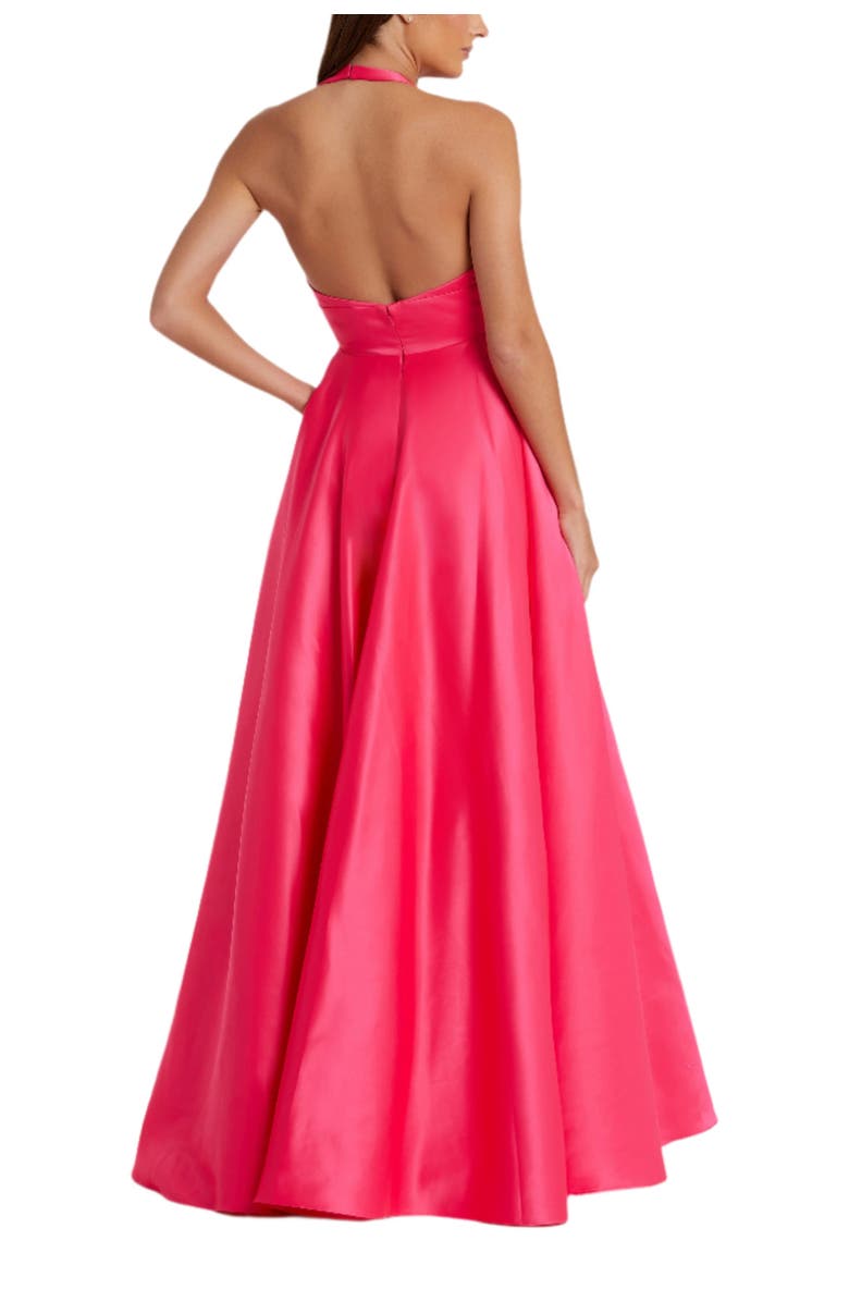 Mac Duggal Sleeveless Deep V Satin Gown With Oversized Bow, Alternate, color, Hot Pink