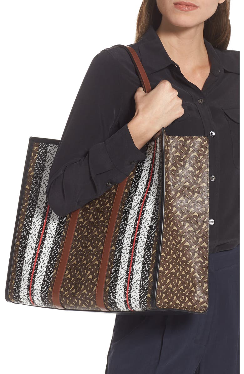 Burberry Medium Monogram Stripe E-Canvas Tote, Alternate, color,