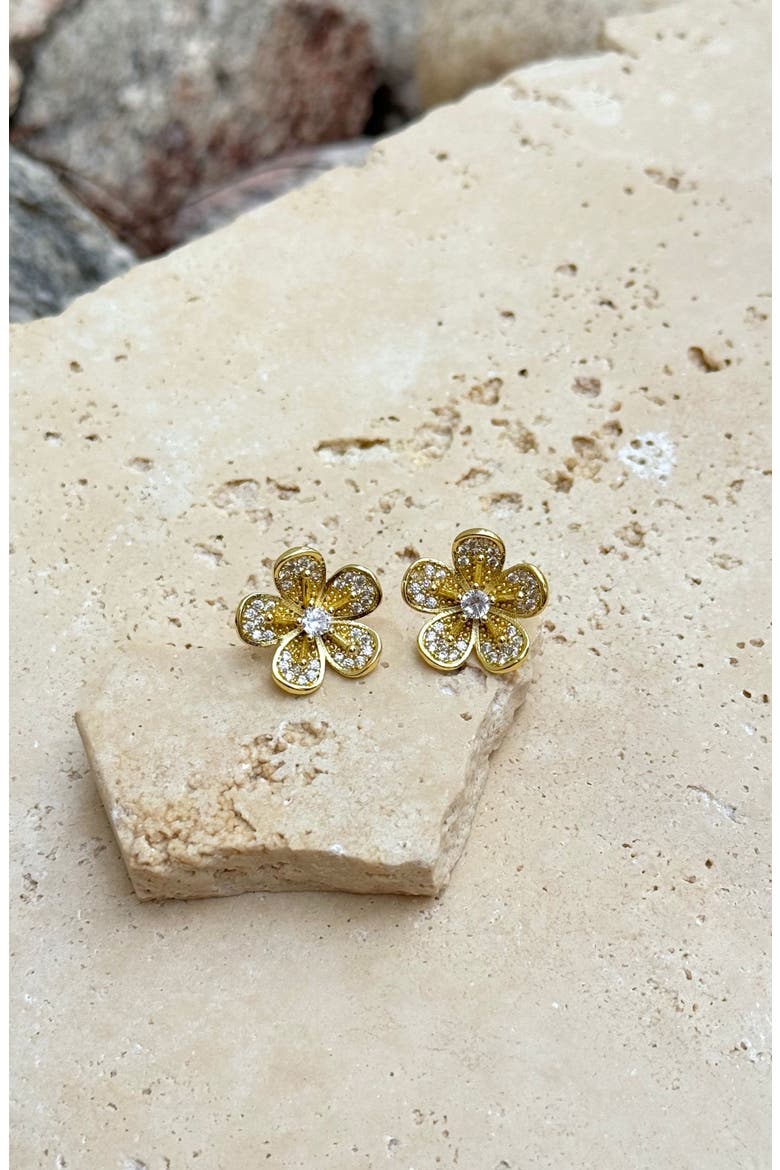 14K Gold Plated Cubic Zirconia Flower Stud Earrings, Alternate, color, GOLD
