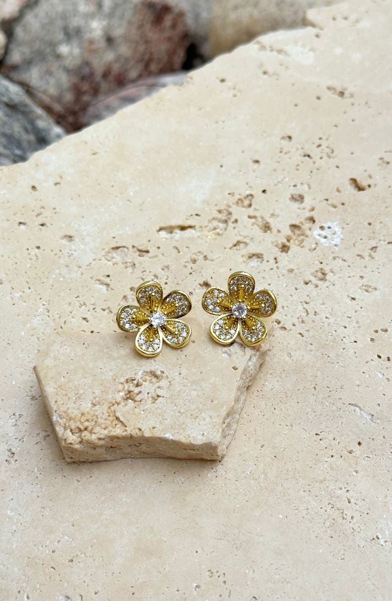 Adornia 14K Gold Plated Cubic Zirconia Flower Stud Earrings, Alternate, color, Gold