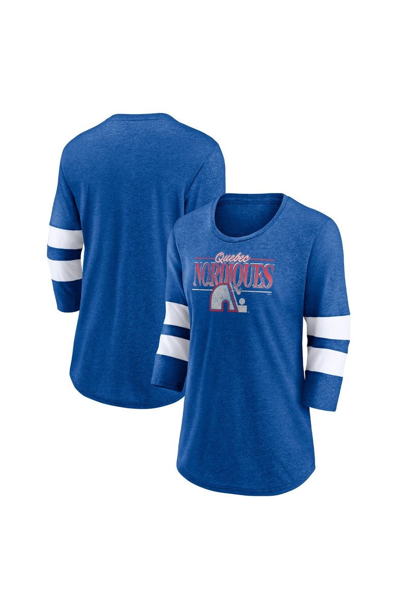 FANATICS Women's Fanatics Branded Heathered Royal/White Quebec Nordiques Full Shield 3/4-Sleeve Tri-Blend Raglan Scoop Neck T-Shirt, Main, color, Heather Royal