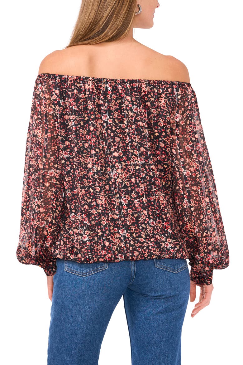 Floral Metallic Stripe Off the Shoulder Top, Alternate, color, RICH BLACK