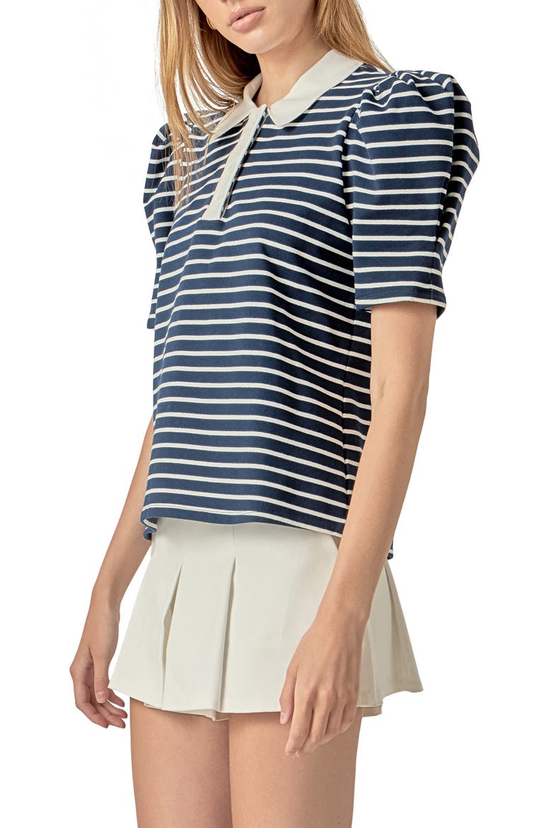 Puff Sleeve Polo, Alternate, color, NAVY/ WHITE