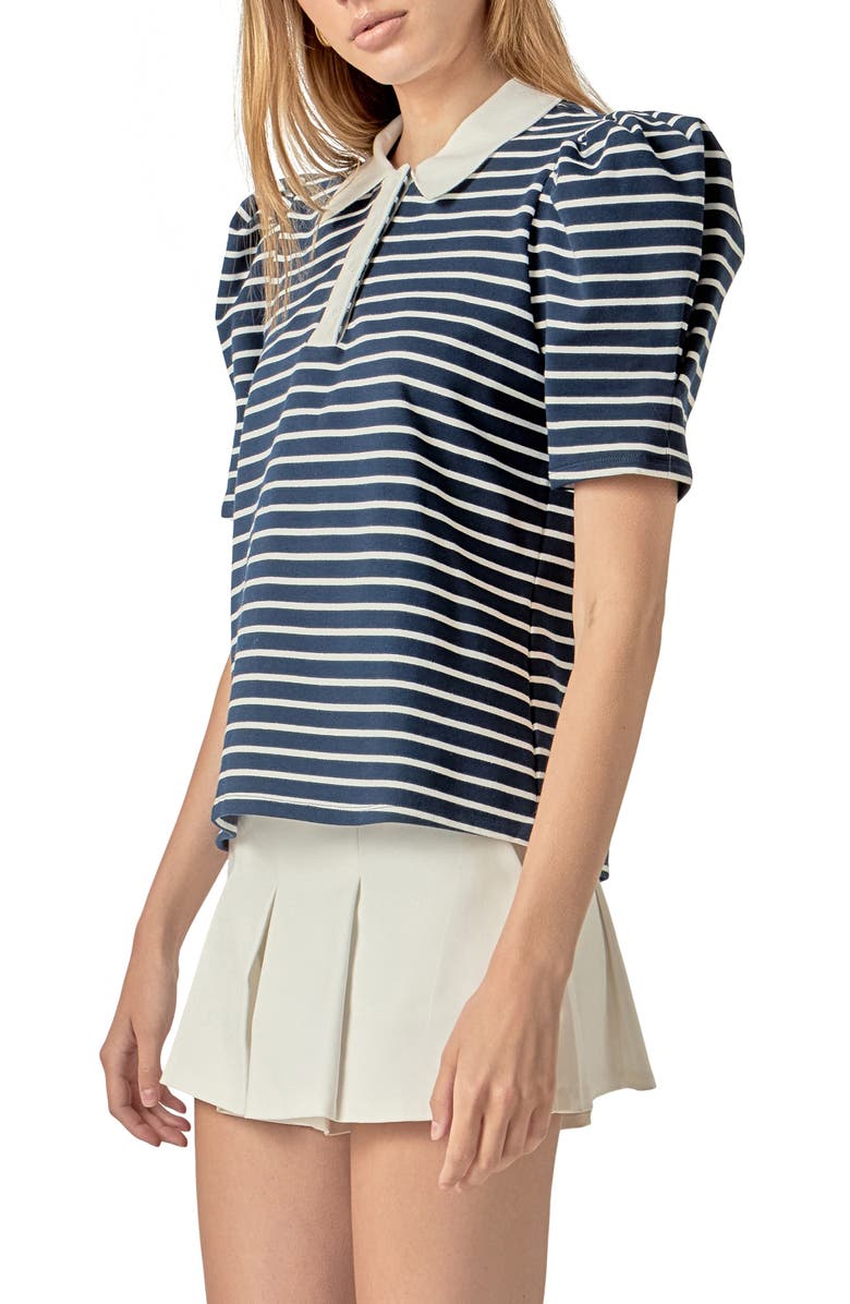 English Factory Puff Sleeve Polo, Alternate, color, Navy/ White