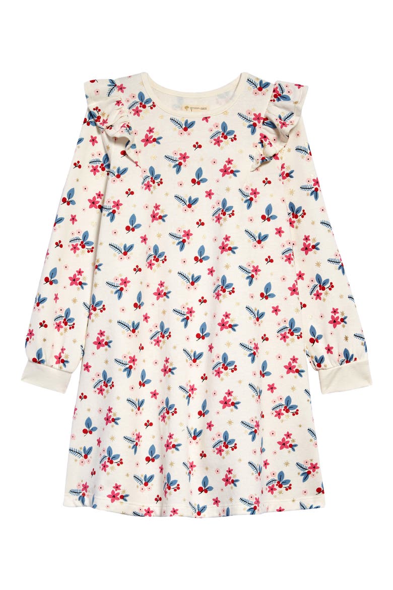 Kids' Ruffle Fleece Dress, Main, color, IVORY EGRET FOIL HOLLY FLORAL