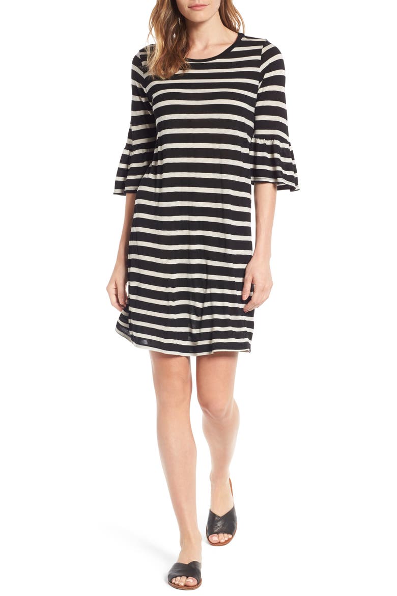by Graham & Spencer Stripe Bell Sleeve Dress, Main, color, BLACK/ CREAM