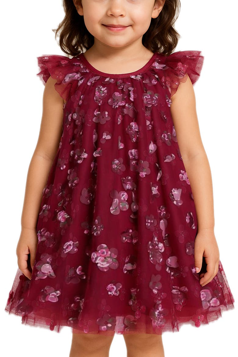 Kids' 3D Floral Appliqué Float Party Dress, Alternate, color, BURGUNDY