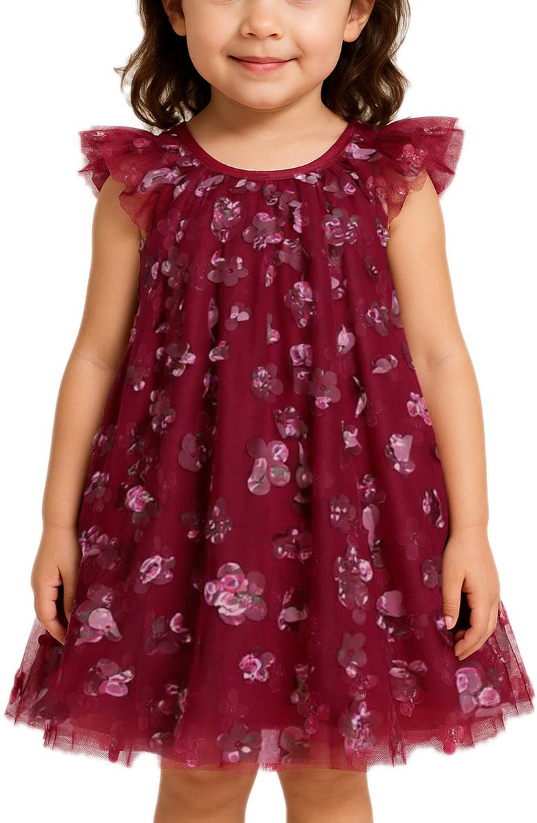 Zunie Kids' 3D Floral Appliqué Float Party Dress, Alternate, color, Burgundy