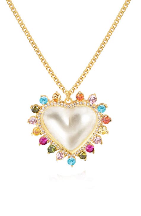 Sweet Lover Cubic Zirconia & Imitation Pearl Heart Pendant Necklace