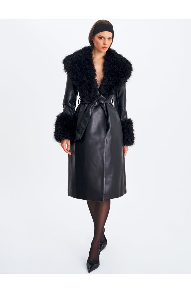 Miss Circle Zariah Faux Fur Trimmed Longline Coat, Alternate, color, Black