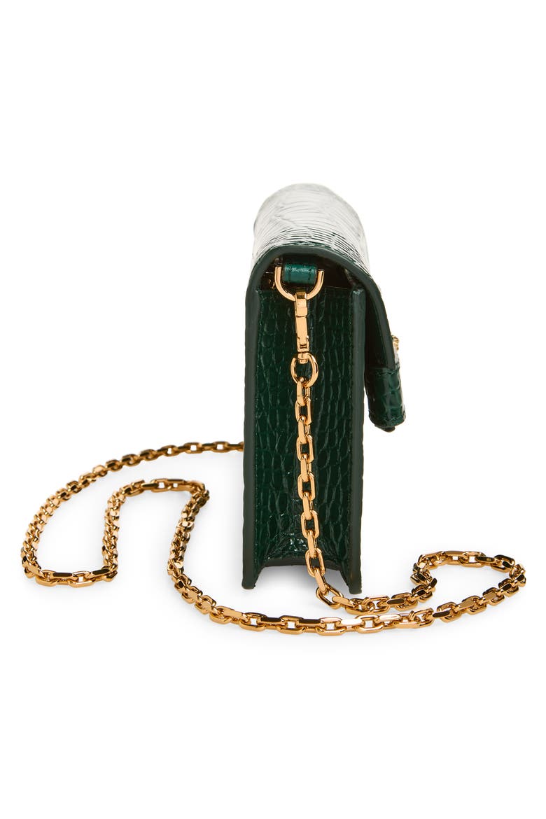 Medusa Croc Embossed Leather Wallet on a Chain, Alternate, color, DARK EMERALD GOLD