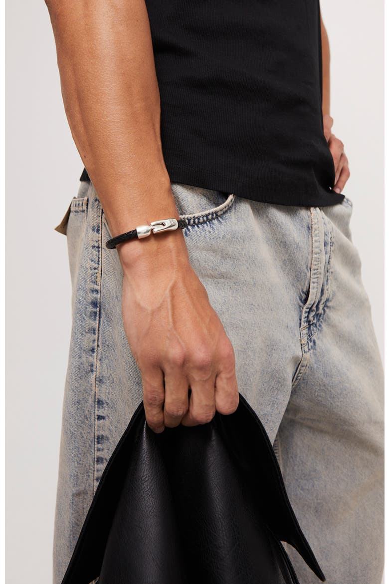 Braided Leather Bracelet with Secure Closure, Alternate, color, Silver