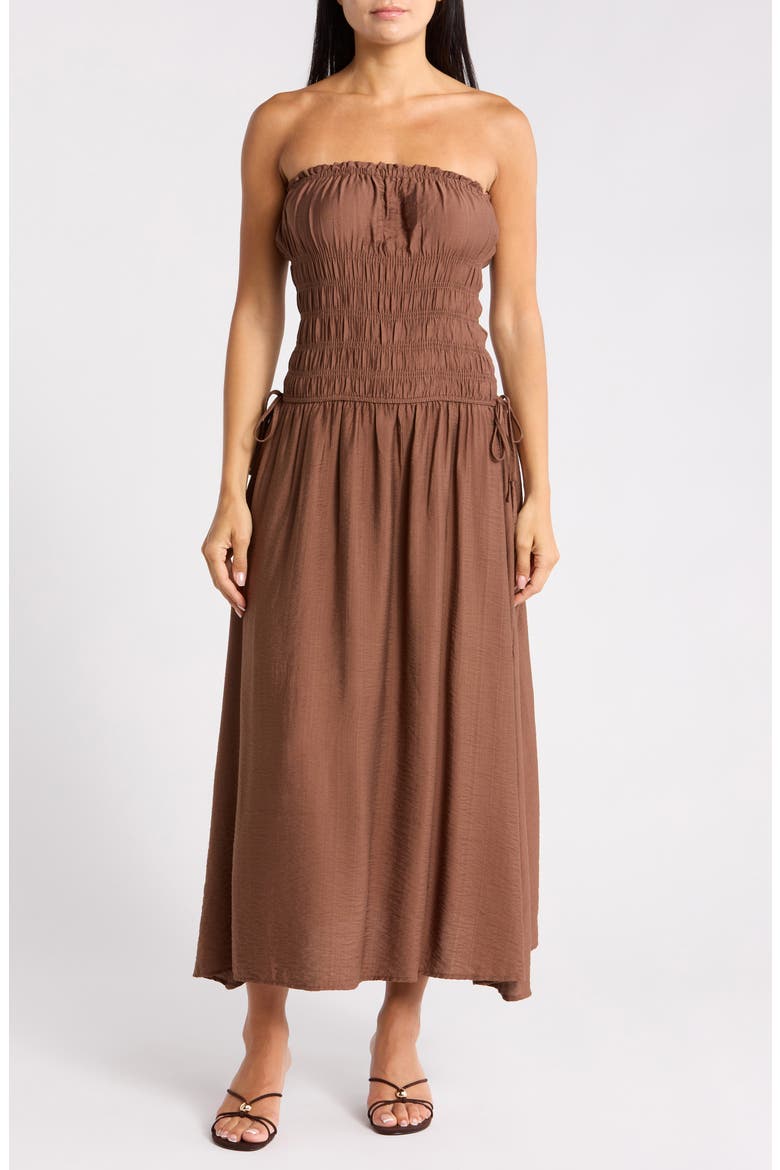 Strapless Satin Midi Dress, Main, color, DARK BROWN