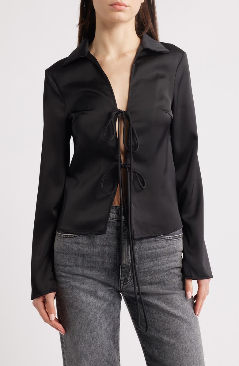 NASTY GAL Long Sleeve Tie Front Satin Shirt, Main, color, 