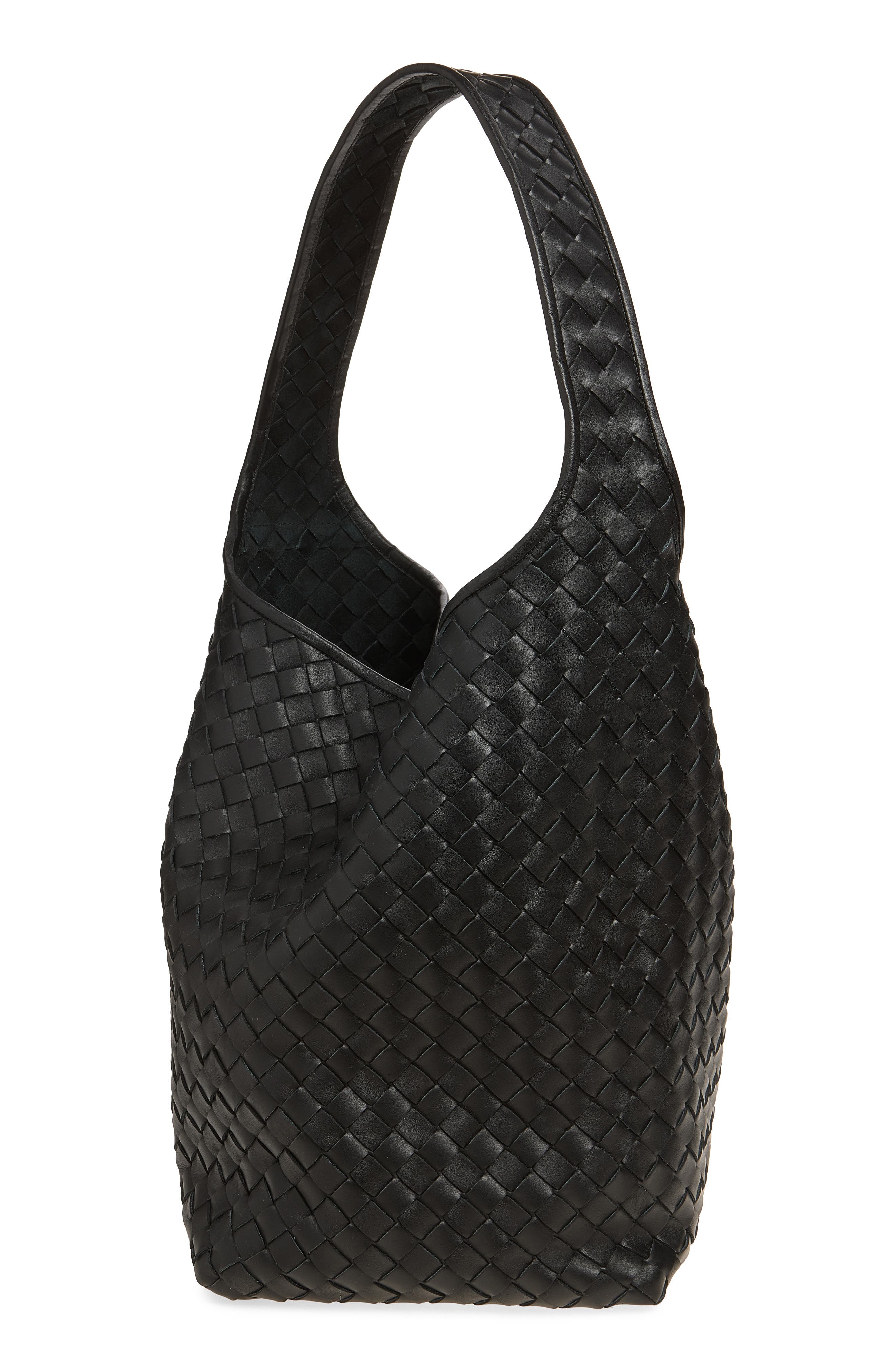 Triangolo Intrecciato Leather Bucket Bag, Main, color, 8803 BLACK/ SILVER