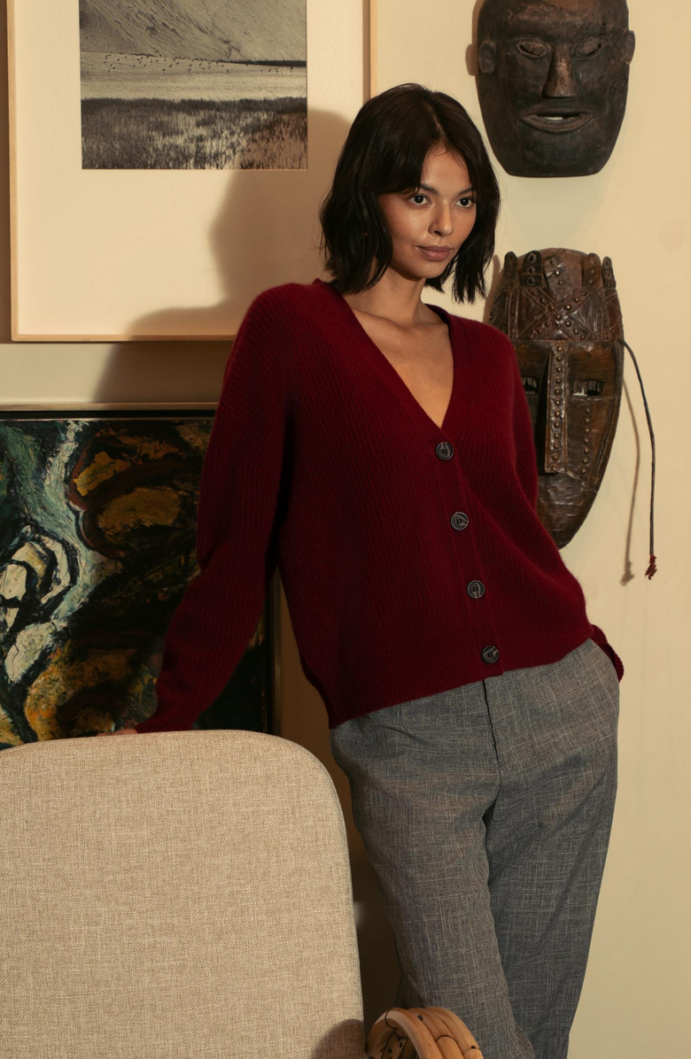 Italic Billie Chunky Cropped Cashmere Cardigan, Alternate, color, Pinot Noir
