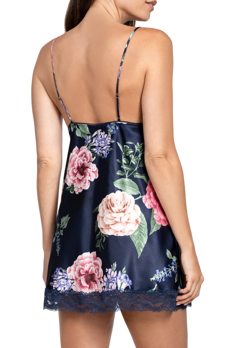 Sicily Floral Lace Trim Strechy Satin Chemise, Alternate, color, NAVY