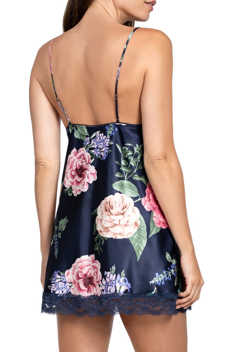 In Bloom by Jonquil Sicily Floral Lace Trim Strechy Satin Chemise, Alternate, color, Navy