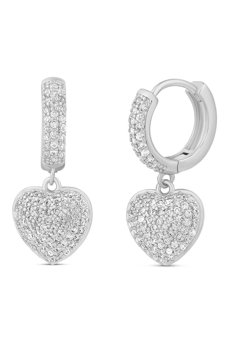 Pavé Dangling Heart Huggie Hoop Earrings, Main, color, SILVER