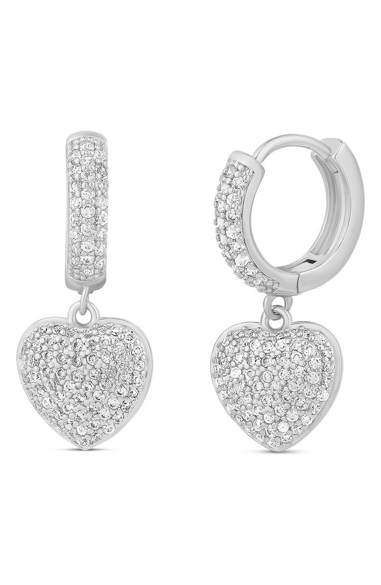 SHYMI Pavé Dangling Heart Huggie Hoop Earrings, Main, color, Silver
