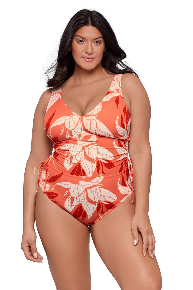 Supportive and Sculpting Cinched Adjustable One-Piece Swimsuit, Main, color, Water Lilies Watermelon