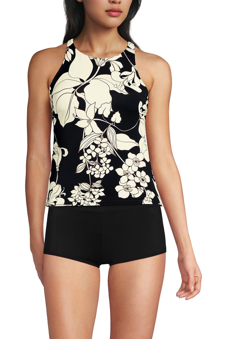 DDD-Cup Chlorine Resistant Tugless High Neck Strappy Back Tankini Swimsuit Top, Main, color, Black/Egret Lilies