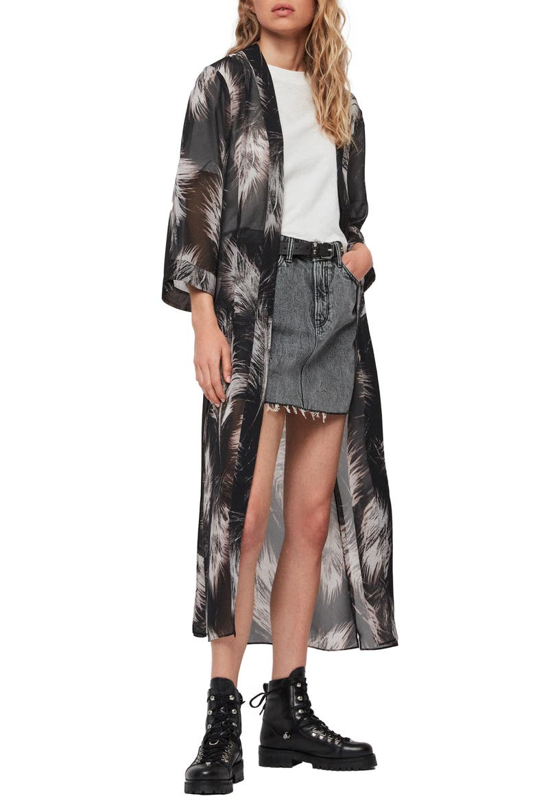 Carine Feather Print Duster, Main, color, BLACK