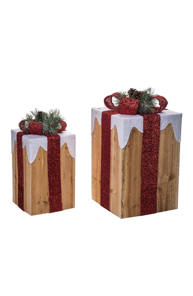 Transpac Multicolor Light Up Snow Covered Gift Decor Set of 2 Figurines, Alternate, color, Gold
