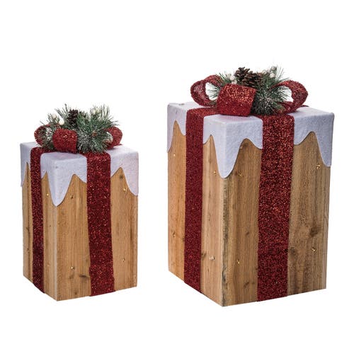 Transpac Multicolor Light Up Snow Covered Gift Decor Set Of 2 Figurines In Gold