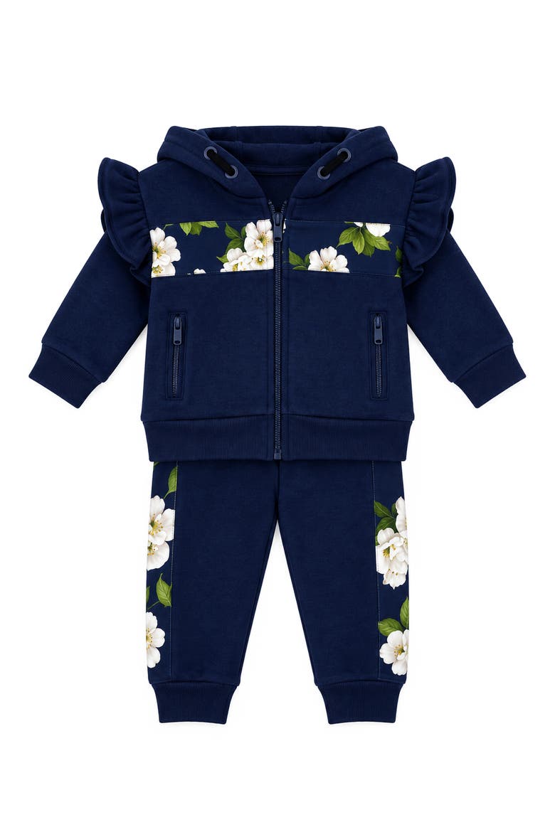 Kids' Ruffle Floral Fleece Jacket & Pants Set, Main, color, NAVY
