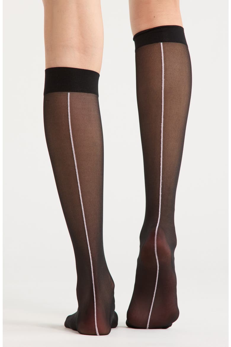 Semisheer Back Seam Knee High Socks, Alternate, color, BLACK- PINK WISP