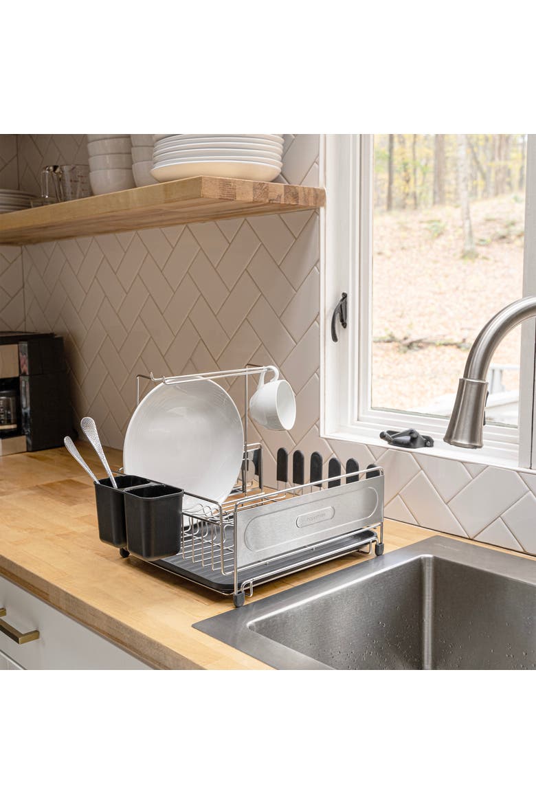 Compact 17.25" Fingerprint-Proof Stainless Steel Dish Drying Rack With Wine Glass Holder, Stainless Steel/Black, Main, color, Silver/Black