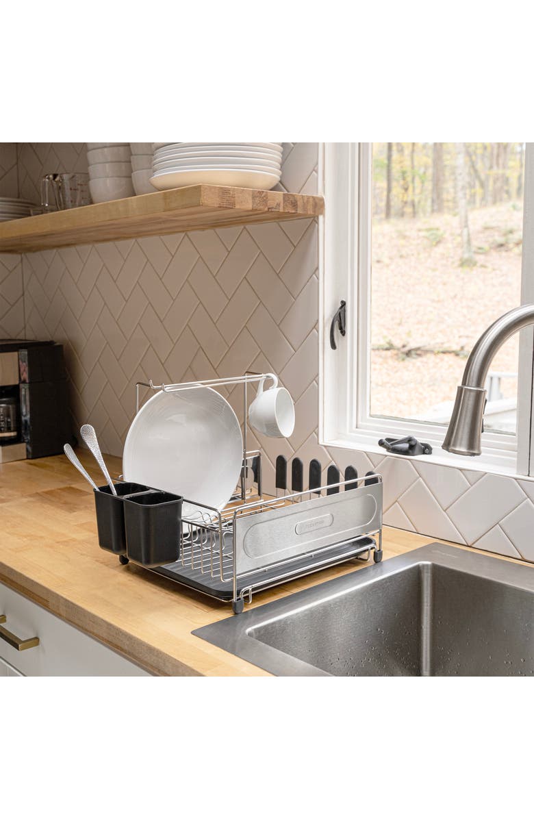 JONATHAN Y Compact 17.25" Fingerprint-Proof Stainless Steel Dish Drying Rack With Wine Glass Holder, Stainless Steel/Black, Main, color, Silver/Black