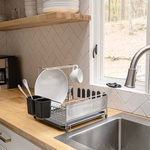 Compact 17.25" Fingerprint-Proof Stainless Steel Dish Drying Rack With Wine Glass Holder, Stainless Steel/Black