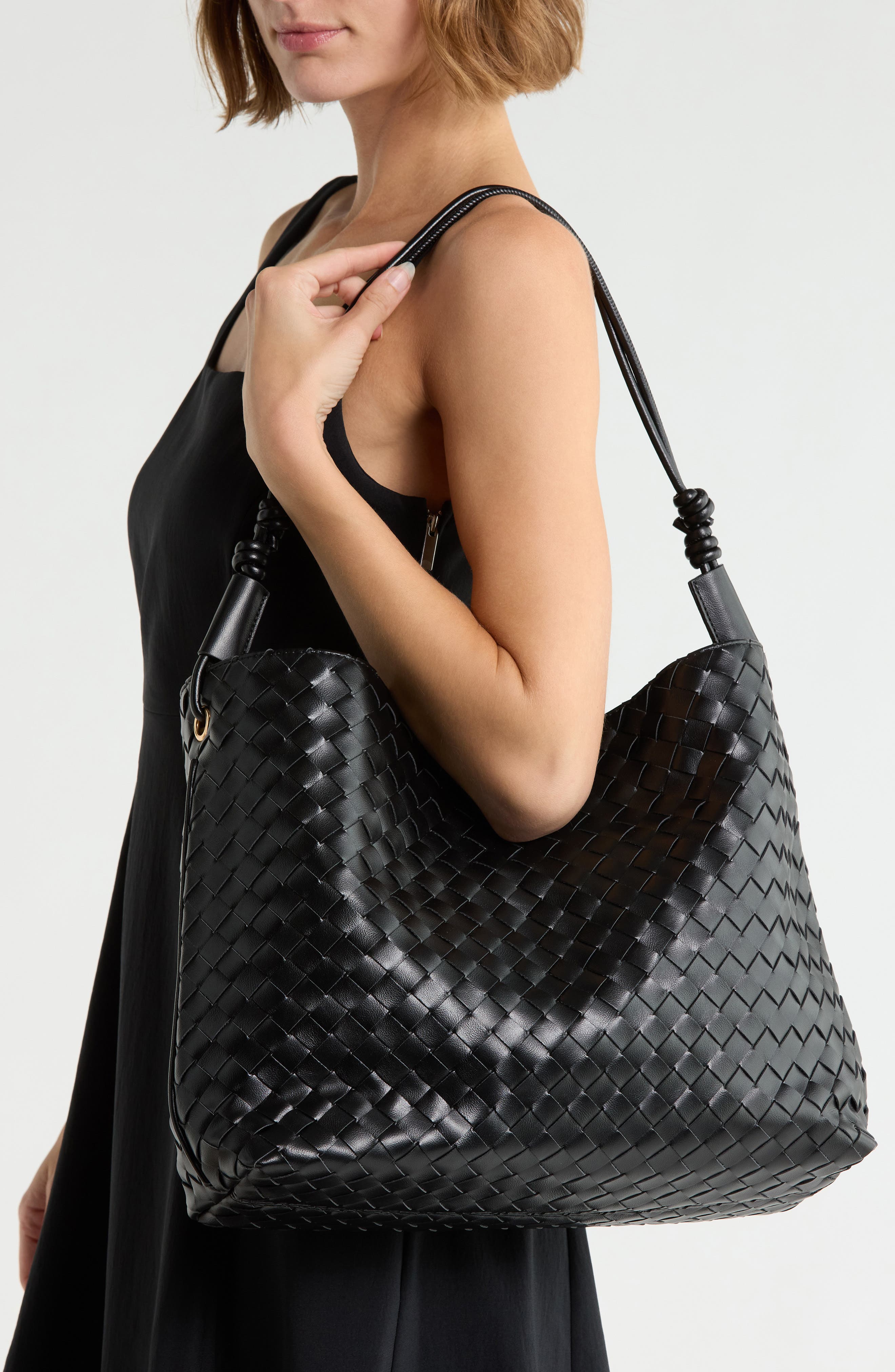 Woven Faux Leather Hobo, Alternate, color, BLACK