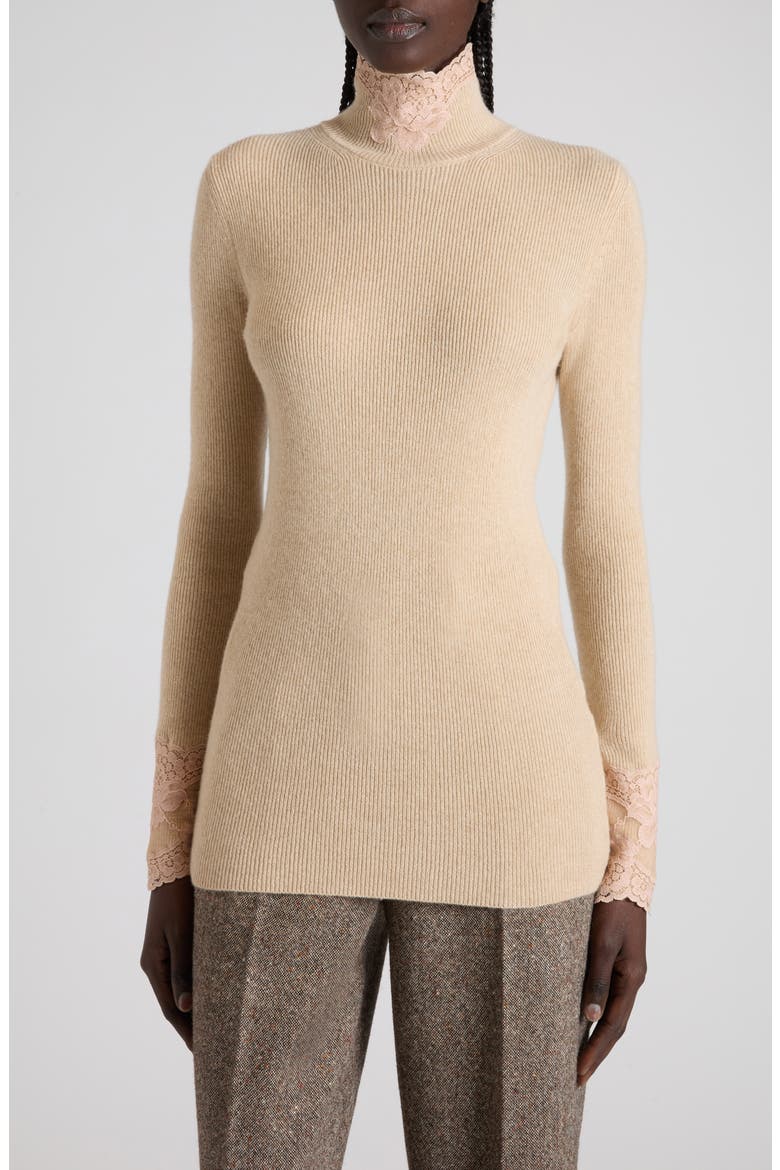 Lace Detail Cashmere Mock Neck Sweater, Main, color, WHITE/ ROSE