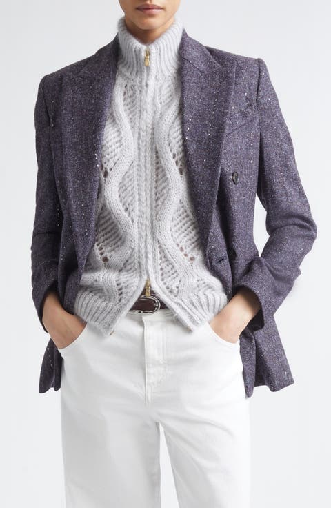 Double Breasted Sequin Detail Alpaca Blend Blazer