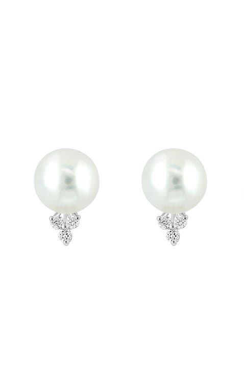 14K White Gold Diamond & Freshwater Pearl Stud Earrings