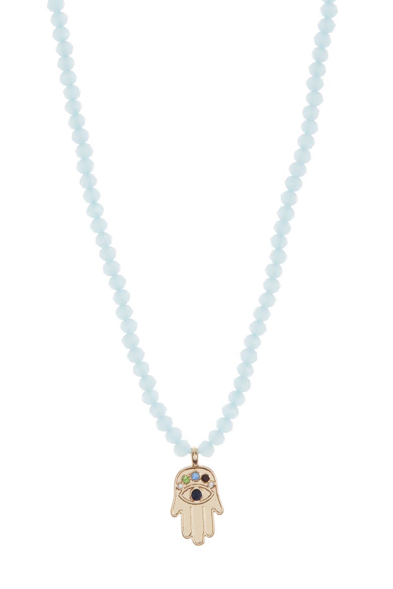 Hamsa Medallion Beaded CZ Necklace, Alternate, color, AQUA- GOLD