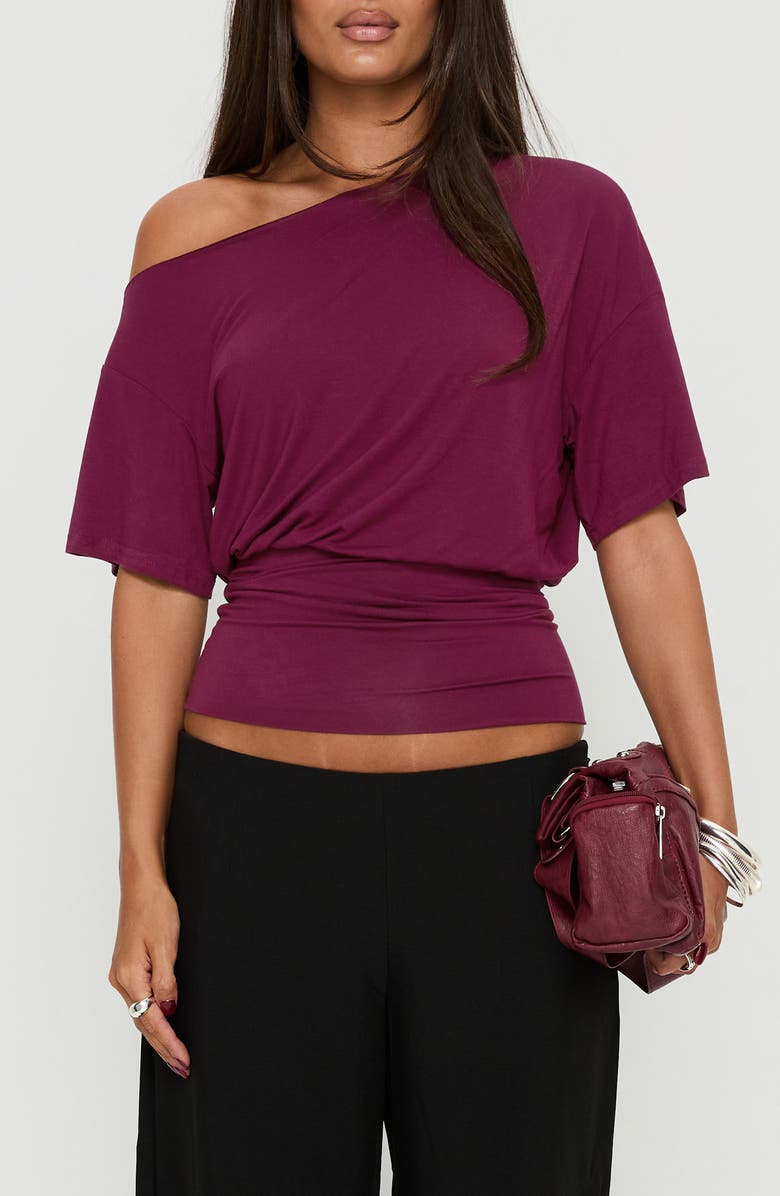 Princess Polly Ashlinn Off the Shoulder Drapey Crop Top, Main, color, Cherry Lacquer