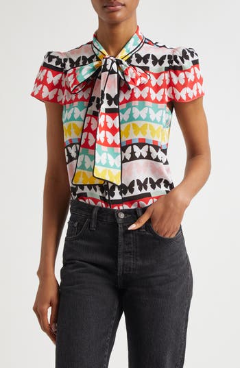 ALICE AND OLIVIA ALICE + OLIVIA JEANNIE BUTTERFLY PRINT SILK TOP