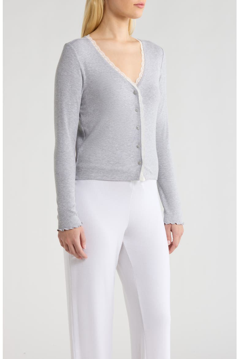 Daydream Lace Trim Rib Button-Up Lounge Top, Alternate, color, GREY HEATHER