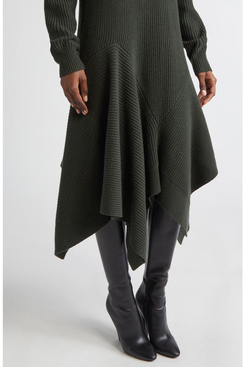Handkerchief Hem Long Sleeve Cashmere Rib Sweater Dress, Alternate, color, BOTTLE