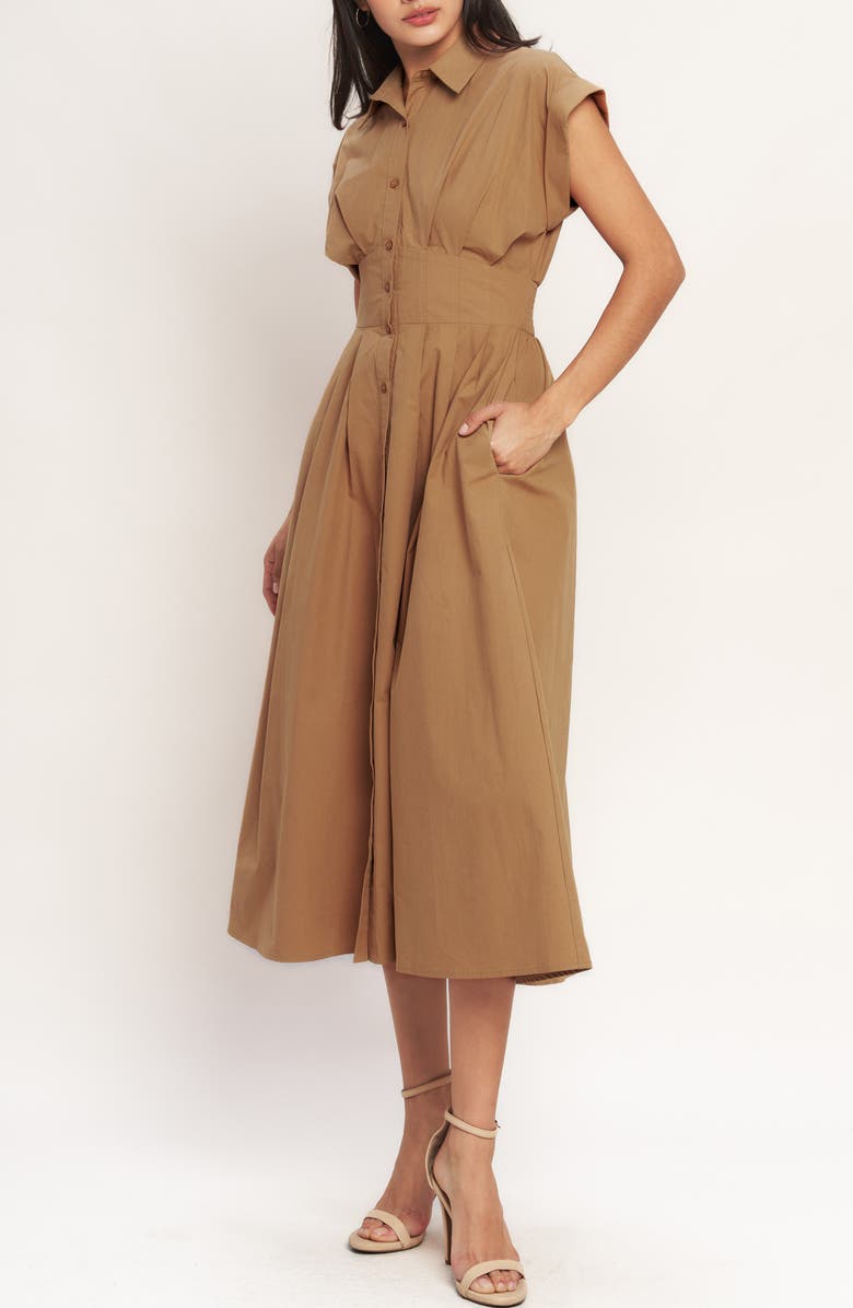 FLYING TOMATO Corset Midi Fit & Flare Dress, Alternate, color, Caramel