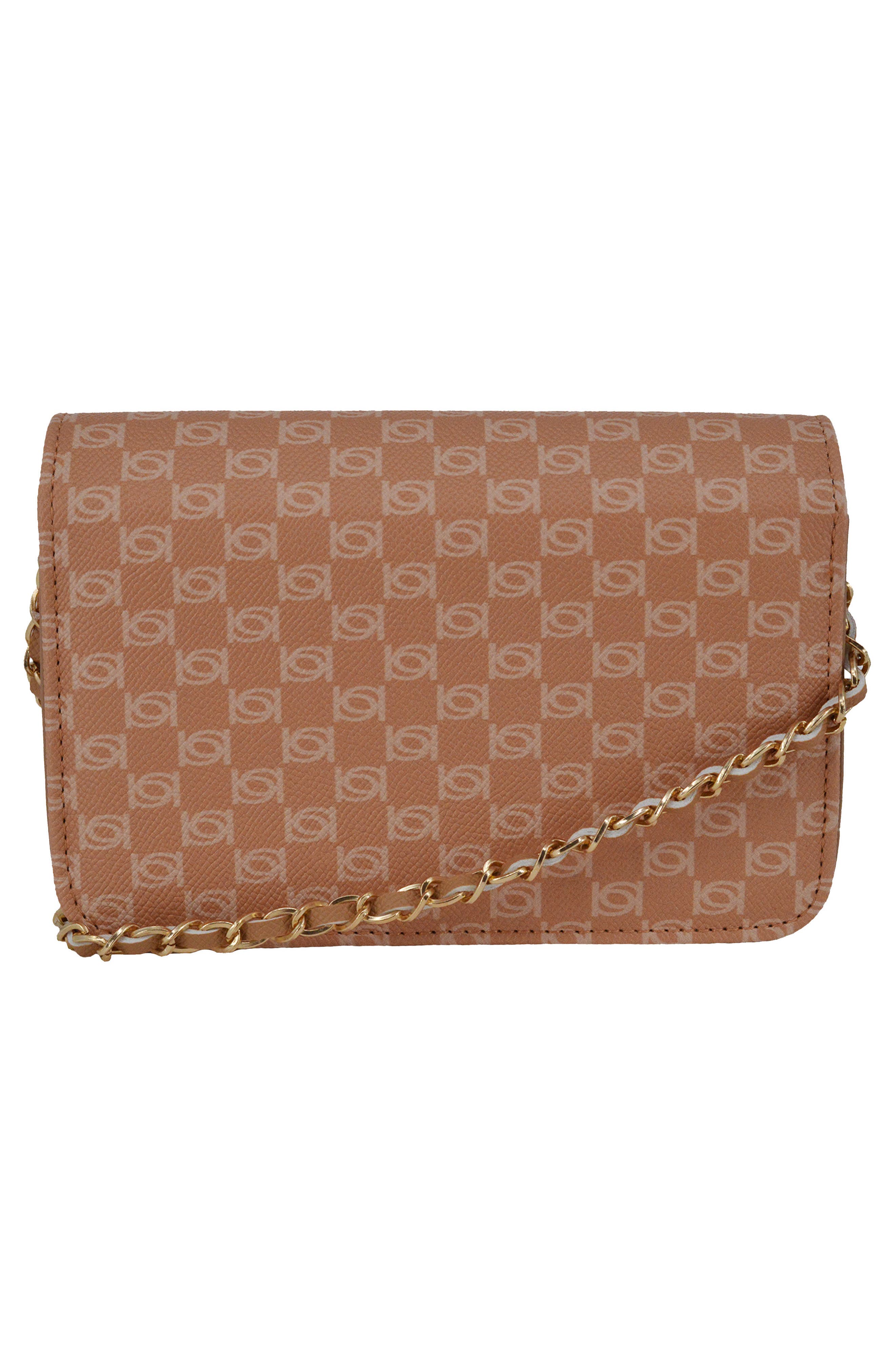 bebe Adela Monogram Crossbody Bag, Alternate, color, Camel