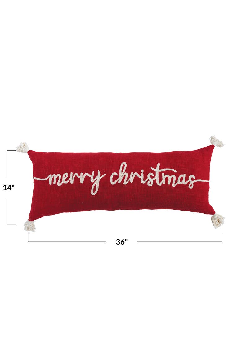 Cotton Lumbar Pillow with Tassels and Embroidered "Merry Christmas", Alternate, color, Red and Ivory Color