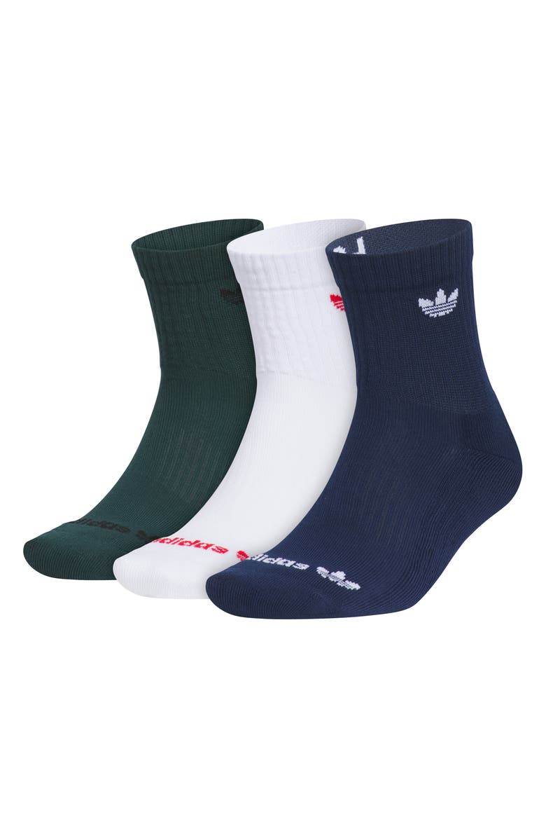 adidas Assorted 3-Pack Trefoil Performance Crew Socks, Main, color, Green Ivy/ White/ Night Indigo