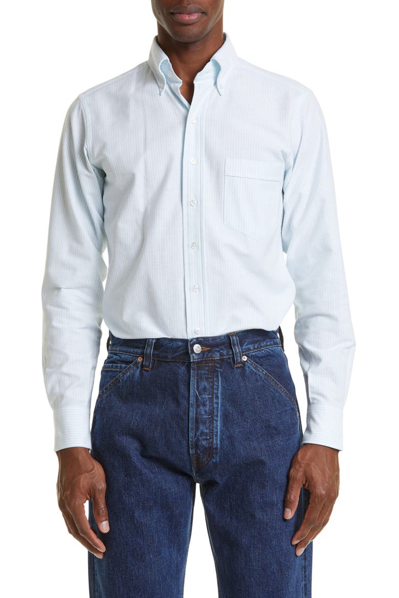 Ticking Stripe Oxford Cotton Button-Down Shirt, Main, color, BLUE STRIPES